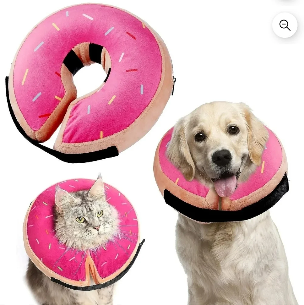Soft Pink Donut Inflatable Dog Cone E Collar Post Surgery Recovery Size L